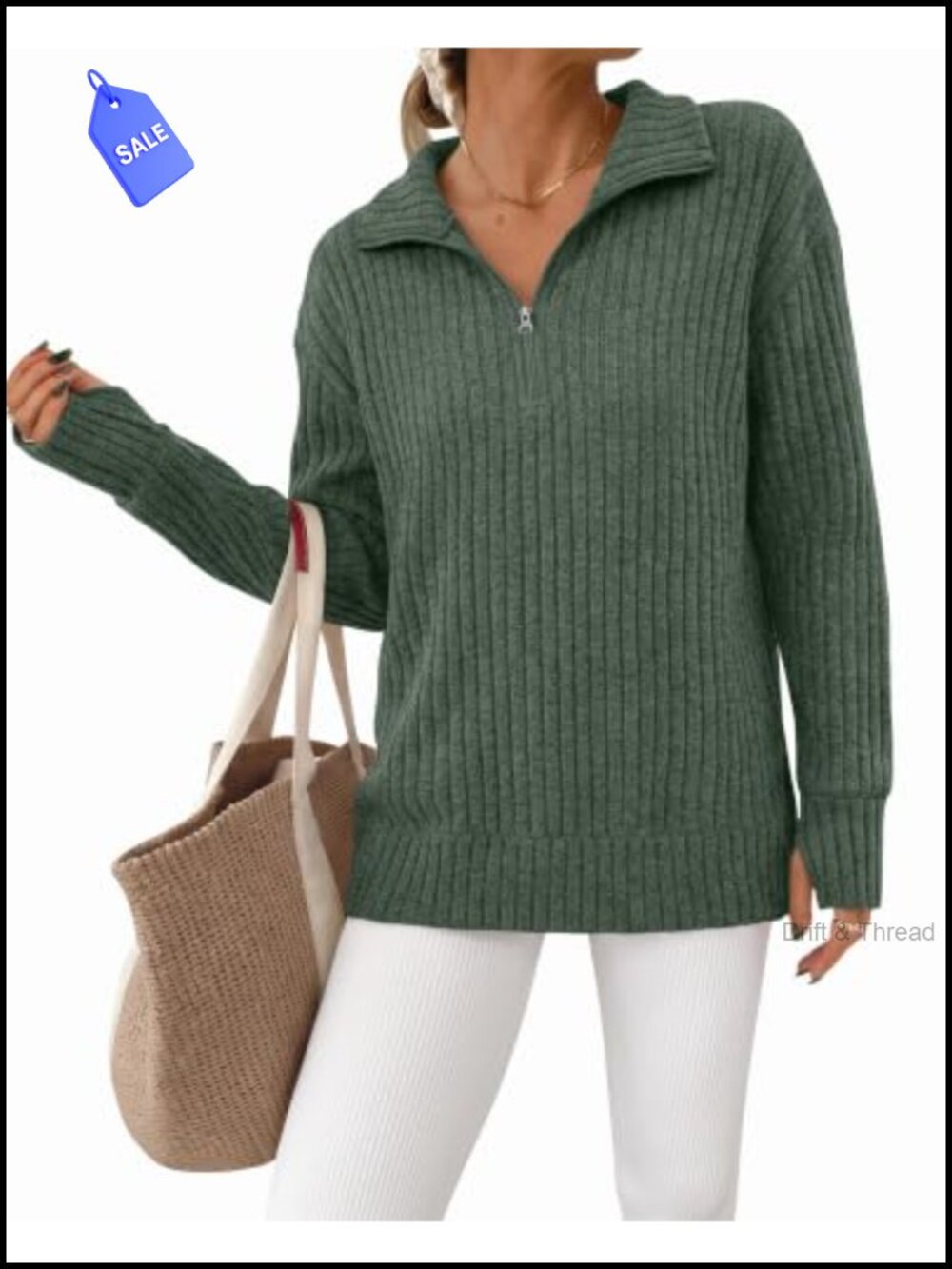 Womens Quarter Zip Pullover Sweater Long Sleeve Thumb Holes Mock Neck